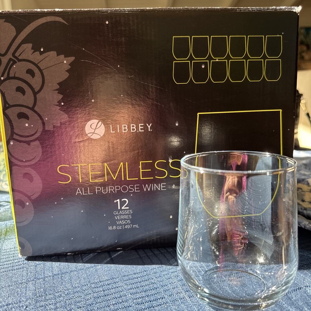 12 Libbey 222 Wine Stemless Clear Glasses 16.8 oz 4.2 “ H 3.2” W Drinkware